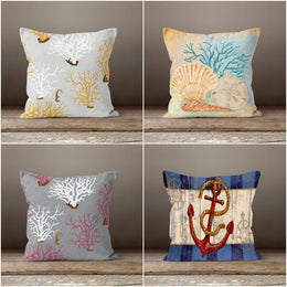 Beach House Pillow Covers|Coastal Pillow Case|Beige Marine Pillow|Decorative Nautical Cushions|Coral and Seashell Throw Pillow|Navy Anchor