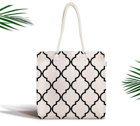 Geometric Fabric Shoulder Bag|Special Black and White Design Handbag|Black Beach Tote Bag|Daily Shoulder Bag with Inner Pocket|Black Purse