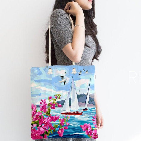 Nautical Shoulder Bag|Ship and Sea Creatures Fabric Bag|Summer Trend Handbag|Marine Beach Tote Bag|Digital Print Messenger Bag|Gift for Her