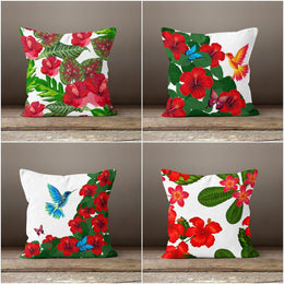 Floral Pillow Cover|Summer Trend Throw Pillow Case|Decorative Pillow Case|Red Flower and Bird Pillow Cover|Housewarming Floral Cushion Case