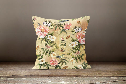 Floral Pillow Cover|Summer Trend Pillow Case|Decorative Pillow Case|Pinky Flowers and Birds Pillow Cover|Housewarming Floral Cushion Case