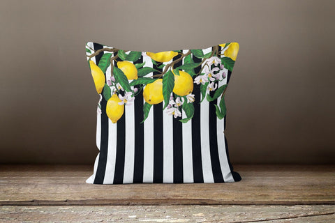 Floral Lemon Striped Pillow Case|Black White Striped Pillow Cover|Decorative Cushion|Housewarming Floral Cushion Case|Farmhouse Throw Pillow