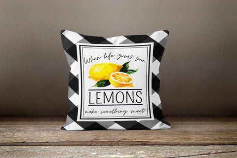 Floral Lemon Pillow Case|Black White Checkered Pillow Cover|Decorative Cushion|Housewarming Lemon Tree Case|Farmhouse Throw Pillow Cover