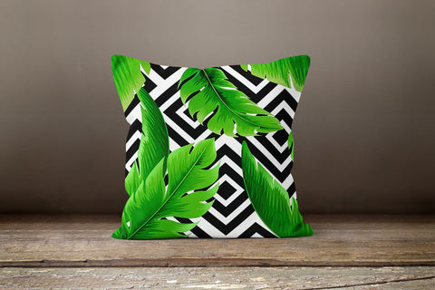 Tropical Plants Pillow Cover|Green Leaves Pillow Cover|Floral Cushion Case|Decorative Pillow Case|Leaves on BW Patterns|Summer Trend Pillow