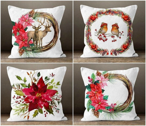 Christmas Pillow Cover|Deer Bird Xmas Decor|Winter Pillow Case|Xmas Gift İdeas|Outdoor Pillow Cover|Housewarming Gift|Christmas Flower Decor