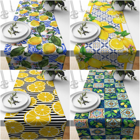 Lemon Table Runner|High Quality Floral Lemons on Geometric Design Table Decor|Summer Trend Tablecloth|Fresh Citrus Decor|Yellow Lemon Decor