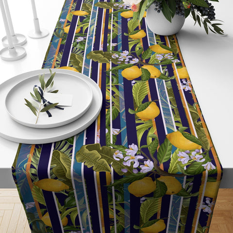 Lemon Table Runner|High Quality Floral Lemons on Geometric Pattern Table Decor|Summer Trend Tablecloth|Fresh Citrus Decor|Yellow Lemon Decor