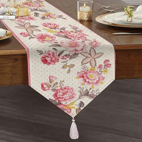 Floral Table Runner|High Quality Triangle Chenille Table Runner|Summer Trend Tabletop| Farmhouse Table|Heartwarming Flowers Tasseled Runner