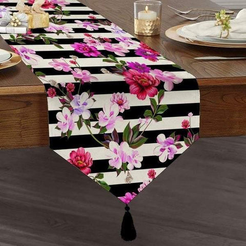 Floral Table Runner|High Quality Triangle Chenille Table Runner|Summer Trend Tabletop|Farmhouse Table |Heartwarming Flowers Tasseled Runner