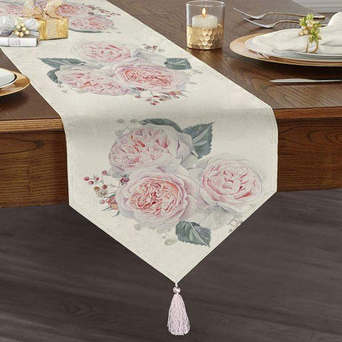 Floral Table Runner|High Quality Triangle Chenille Table Runner|Summer Trend Tabletop|Farmhouse Table| Heartwarming Flowers Tasseled Runner