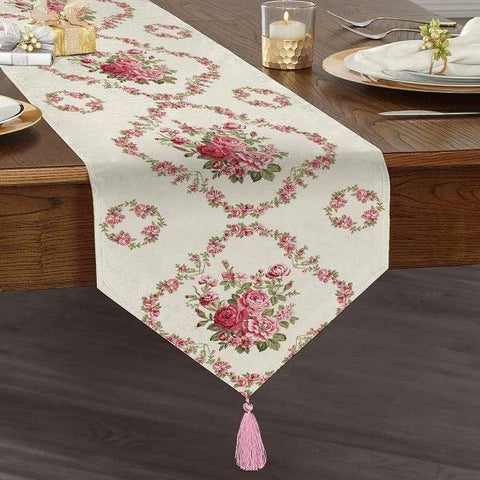 Floral Table Runner|High Quality Triangle Chenille Table Runner|Summer Trend Tabletop|Farmhouse Table|Pink Purple Flowers Tasseled Runner