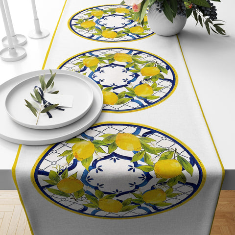 Lemon Table Runner|High Quality Floral Lemons on Geometric Design Table Decor|Summer Trend Tablecloth|Fresh Citrus Decor|Yellow Lemon Decor|