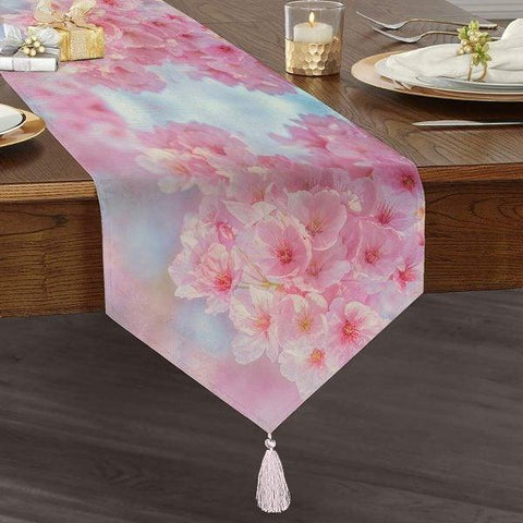 Floral Table Runner|High Quality Triangle Chenille Table Runner|Summer Trend Tabletop|Farmhouse Table|Pink and Gray Flowers Tasseled Runner