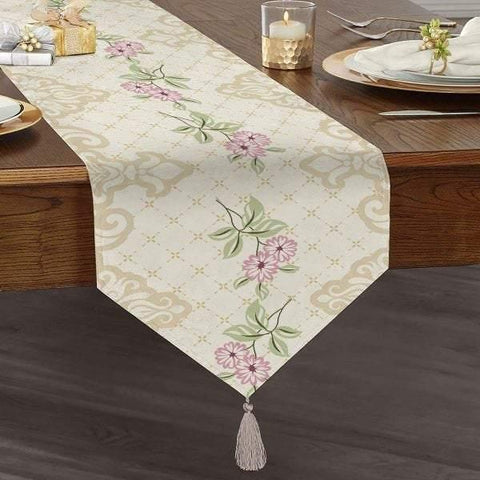 Floral Table Runner|High Quality Triangle Chenille Table Runner| Summer Trend Tabletop|Farmhouse Table|Flowers with Patterns Tasseled Runner