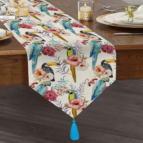 Floral Table Runner|High Quality Triangle Chenille Table Runner|Summer Trend Tabletop|Farmhouse Table|Flowers and Parrots Tasseled Runner