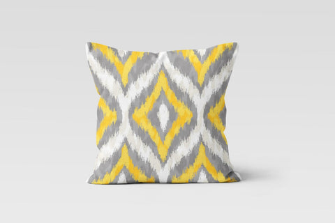 IKAT Design Pillow Cover|Southwestern Style Cushion Case|Decorative and Ethnic Home Decor|Geometric Yellow Gray Cushion|Ethnic Pillow Top
