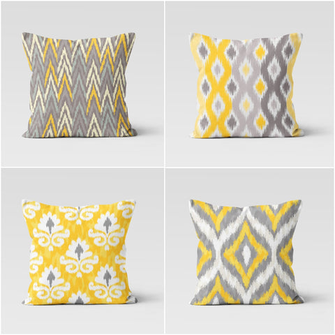 IKAT Design Pillow Cover|Southwestern Style Cushion Case|Decorative and Ethnic Home Decor|Geometric Yellow Gray Cushion|Ethnic Pillow Top