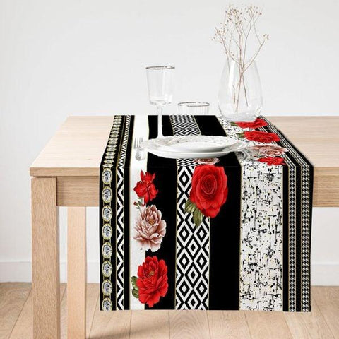 Floral Table Runner|High Quality Suede Floral Table Runner|Summer Trend Table Top|Red and Pink Flowers on Black White Geometric Patterns