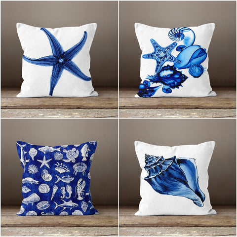Beach House Pillow Case|Starfish Pillow Cover|Nautical Cushion Case|Seashell Throw Pillow Top|Coastal Home Decor|Blue Sea Creatures Cushion