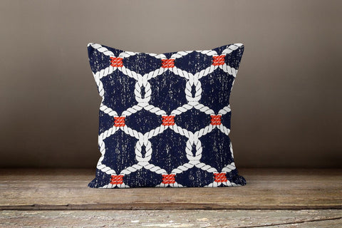 Nautical Pillow Case|Navy Anchor Pillow Cover|Decorative Beach House Cushions|Anchor and Wheel Throw Pillow|Sailor Rope and Knot Home Decor