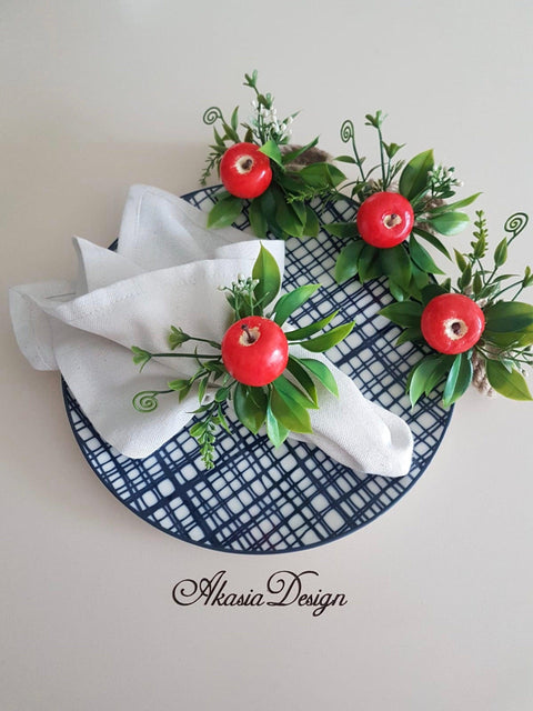 Apple Napkin Ring|Floral Red Apple Napkin Holder|Farmhouse Kitchen Table Decor|Summer Wedding Table Top|Table Centerpiece|Spring Tablescape