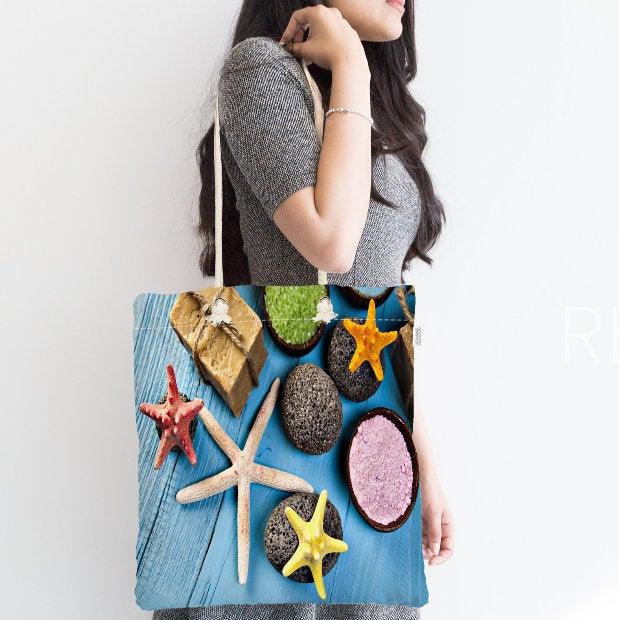 Coastal Shoulder Bag|Colorful Starfish Fabric Handbag|Seashells Handbag|Marine Beach Tote Bag|Digital Print Messenger Bag|Summer Trend Bag