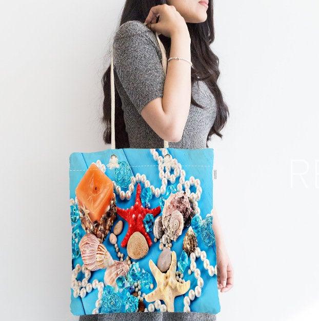 Coastal Shoulder Bag|Colorful Starfish Fabric Handbag|Seashells Handbag|Marine Beach Tote Bag|Digital Print Messenger Bag|Summer Trend Bag