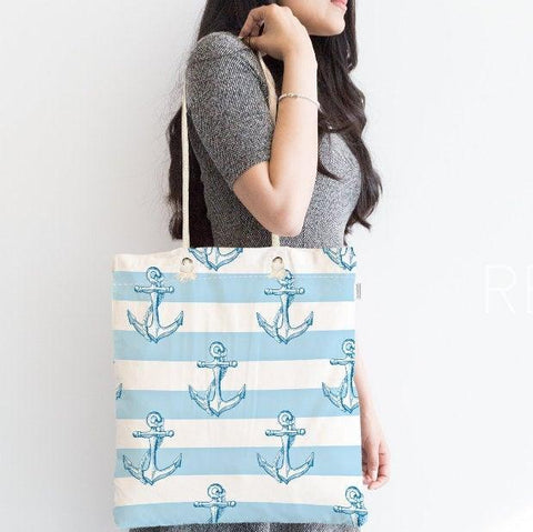 Nautical Shoulder Bag|Navy Anchor Fabric Handbag|Sea Creatures Handbag|Marine Beach Tote Bag|Digital Print Messenger Bag|Summer Trend Bag