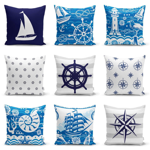 Nautical Pillow Case|Navy Anchor Pillow Cover|Decorative Yacht Cushions|Wheel and Life Saver Pillow|Naval Compass Decor|Marine Throw Pillow