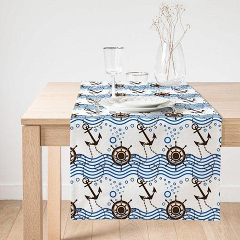 Nautical Table Runner|High Quality Suede Navy Anchor Table Runner|Wheel Table Cover|Decorative Nautical Tabletop|Outdoor Beach House Decor