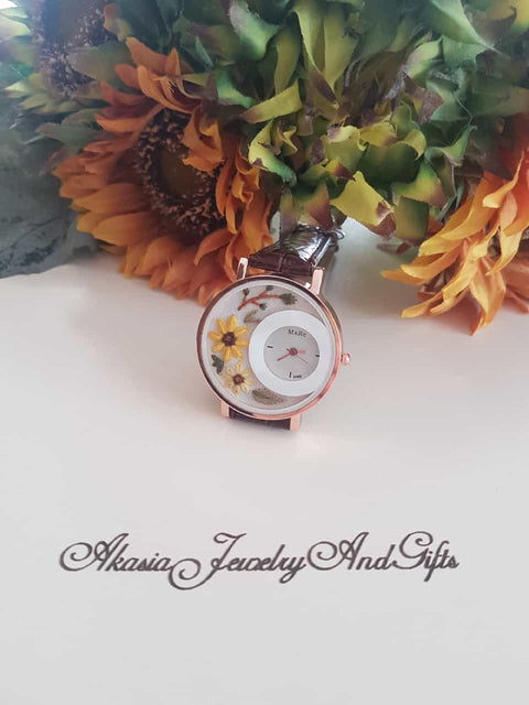Embroidered Black Wrist Watch|Personalized Daisy Vintage Women Watch|Unique Floral Watch Gift for Mother|Hand Stitched Daisy Embroidery