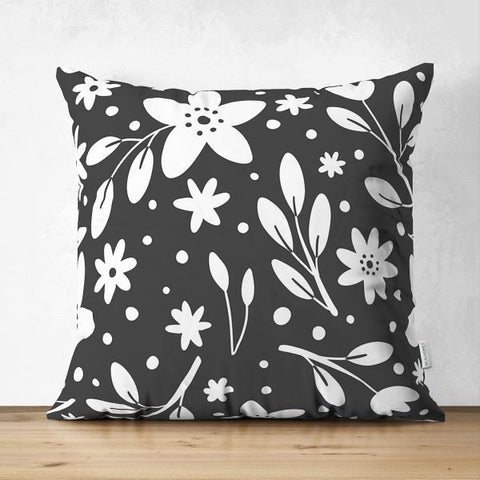 Floral Pillow Cover|Summer Trend Cushion Case|Decorative Suede Floral Cushion Cover|White and Black Floral Decor|Digital Print Spring Trend