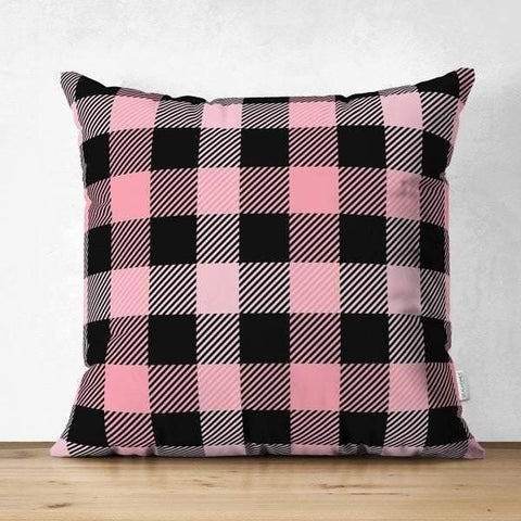 Plaid Pillow Cover|Check Pattern Cushion Case|Geometric Pattern Home Decor|Decorative Pillow Case|Pink and Black Decor|Tartan Chequer Pillow