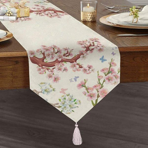 Floral Table Runner|High Quality Triangle Chenille Flowers Table Runner|Summer Trend Table Decor|Farmhouse Table|Pale Colors Tasseled Runner