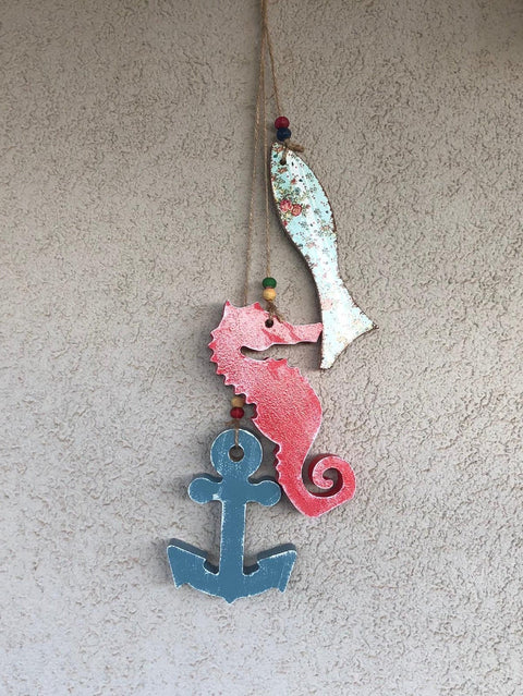 Set of 3 Hand Painted Seahorse,Anchor,Fish|Wooden Decor|Custom Wall Decor|Acrylic Painting|Home Decor|Ornament|Wooden Art|Housewarming Gift