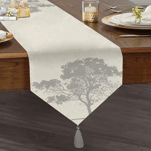 Tree Silhouette Table Runner|High Quality Triangle Chenille Table Runner|Summer Trend Tabletop|Farmhouse Tablecloth|Floral Tasseled Runner