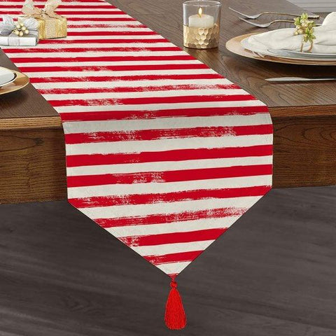 Striped Table Runner|High Quality Triangle Chenille Table Runner|Decorative Tabletop|Colorful Stripes Tabletop|Tasseled Runner with Stripes