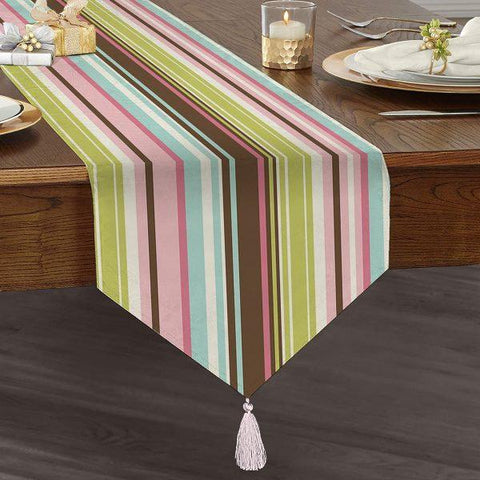 Striped Table Runner|High Quality Triangle Chenille Table Runner|Decorative Tabletop|Colorful Stripes Tabletop|Tasseled Runner with Stripes