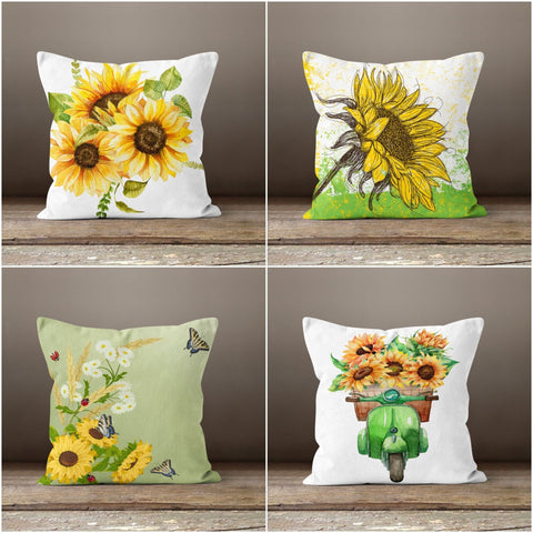 Sunflower Pillow Case|Floral Yellow and Green Pillow Cover|Butterfly and Sunflower Cushion Case|Decorative Throw Pillow|Summer Trend Decor