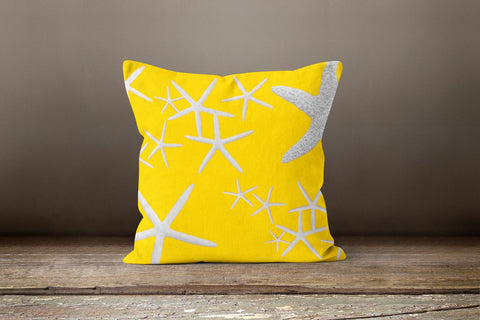 Beach House Pillow Case|Starfish Pillow Cover|Decorative Nautical Cushions|Coastal Throw Pillow|Yellow Home Decor|Colorful Sailboat Pillow