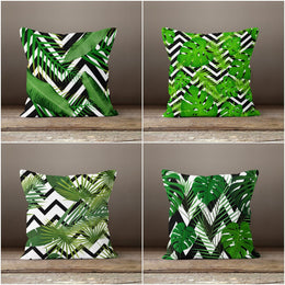 Tropical Plants Pillow Cover|Green Leaves Pillow Cover|Floral Cushion Case|Decorative Pillow Case|Leaves on Zigzag Case|Outdoor Pillow Cover