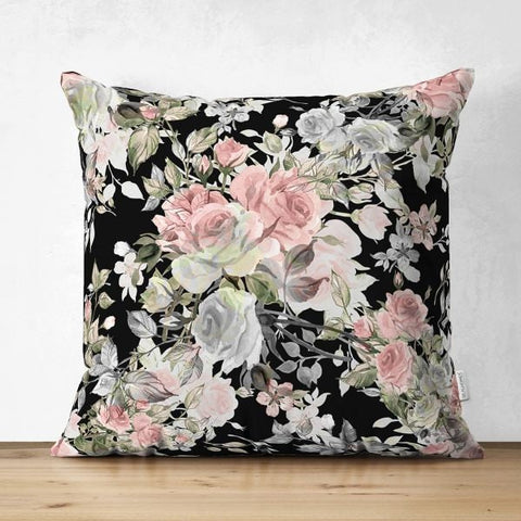Floral Pillow Cover|Flowers on Black Background Cushion Case|Square Suede Pillow Cover|Summer Trend Cushion Case|Decorative Pillow Case