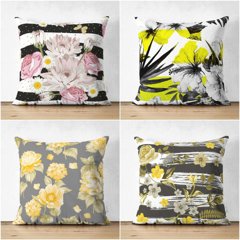 Floral Pillow Cover|Summer Trend Cushion Case|Pink and Yellow Flowers Case|Heartwarming Floral Suede Cushion|Bold Striped Floral Home Decor