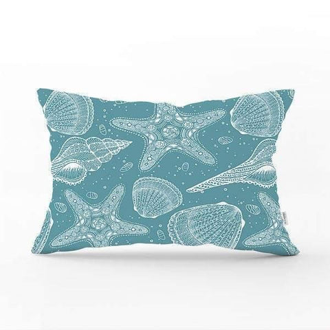 Beach House Pillow Cover|Rectangle Coastal Cushion Case|Decorative Sea Creatures Pillow|Oyster Seashell Starfish and Coral Cushion Cover