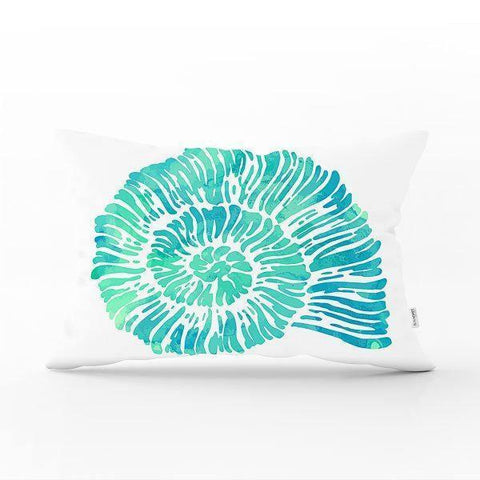 Beach House Pillow Cover|Rectangle Coastal Cushion Case|Decorative Sea Creatures Pillow|Turquoise Seahorse Oyster Seashell and Coral Pillow