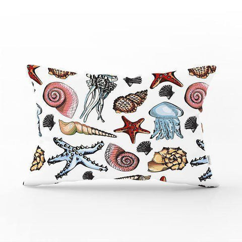 Beach House Pillow Cover|Rectangle Coastal Cushion Case|Decorative Sea Shell Pillow Case|Summer Trend Pillow|Seahorse Oyster Crab Pillow