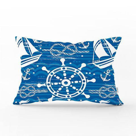 Beach House Pillow Cover|Rectangle Coastal Cushion Case|Decorative Ship Lighthouse Wheel Pillow Cover|Blue White Nautical Sailing Pillow