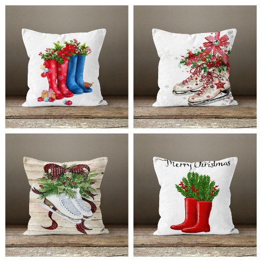 Christmas Pillow Cover|Xmas Ice Skates Decor|Winter Decorative Pillow Case|Xmas Boots Throw Pillow|Xmas Gift|Outdoor Pillow|Xmas Pillow Case