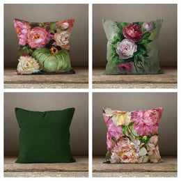 Floral Pink Pillow Cover|Summer Cushion Case|Pink Green Decorative Outdoor Throw Pillow|Bedding Home Decor|Housewarming Green Pumpkin Decor