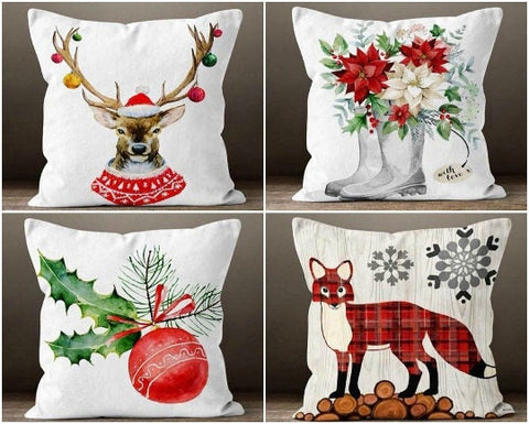 Christmas Pillow Covers|Deer Fox Xmas Decor|Winter Pillow Case|Xmas Gift Ideas|Outdoor Pillow Cover|Housewarming Gift|Christmas Flower Decor